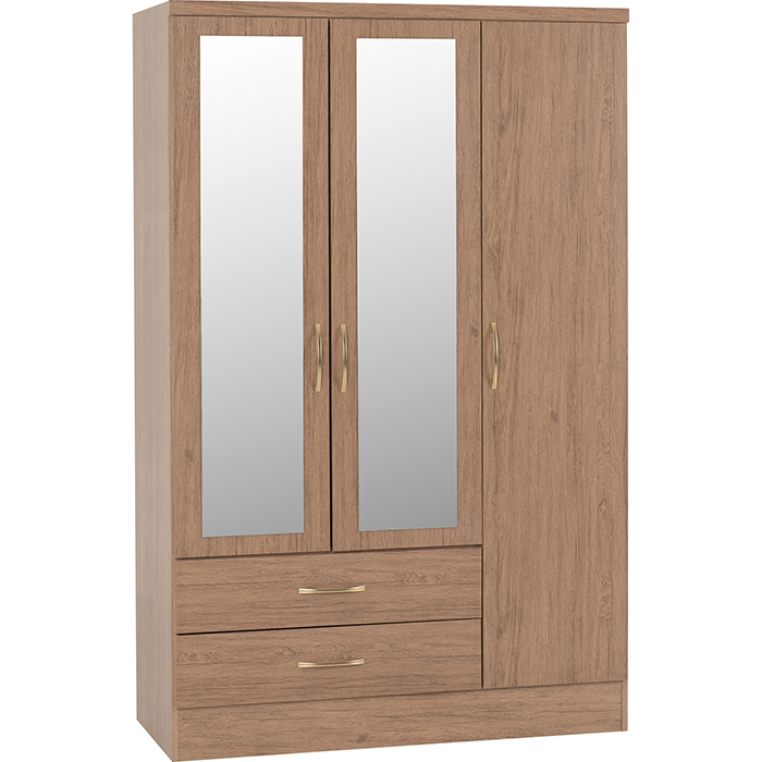 Nevada 3 Door 2 Drawer Mirrored Wardrobe In Rustic Oak Effect - Click Image to Close